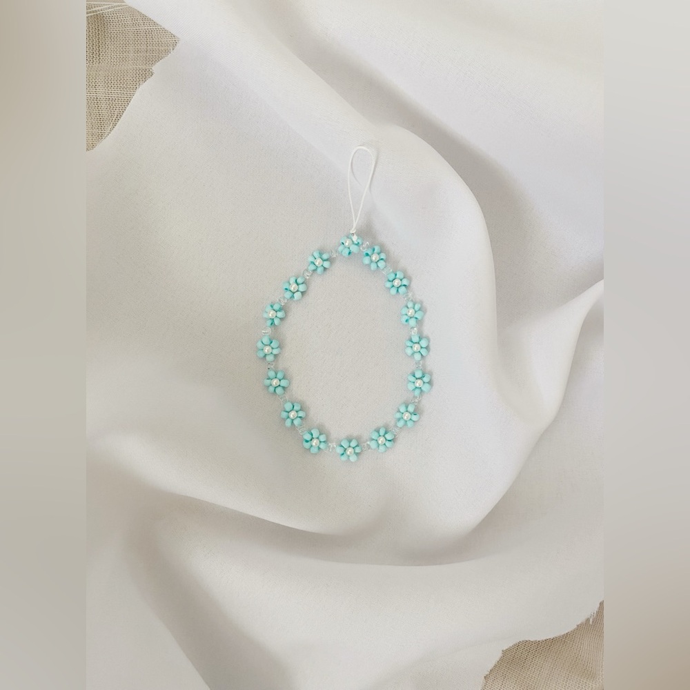 Light Blue Flower Beaded Phone Charm w/strap